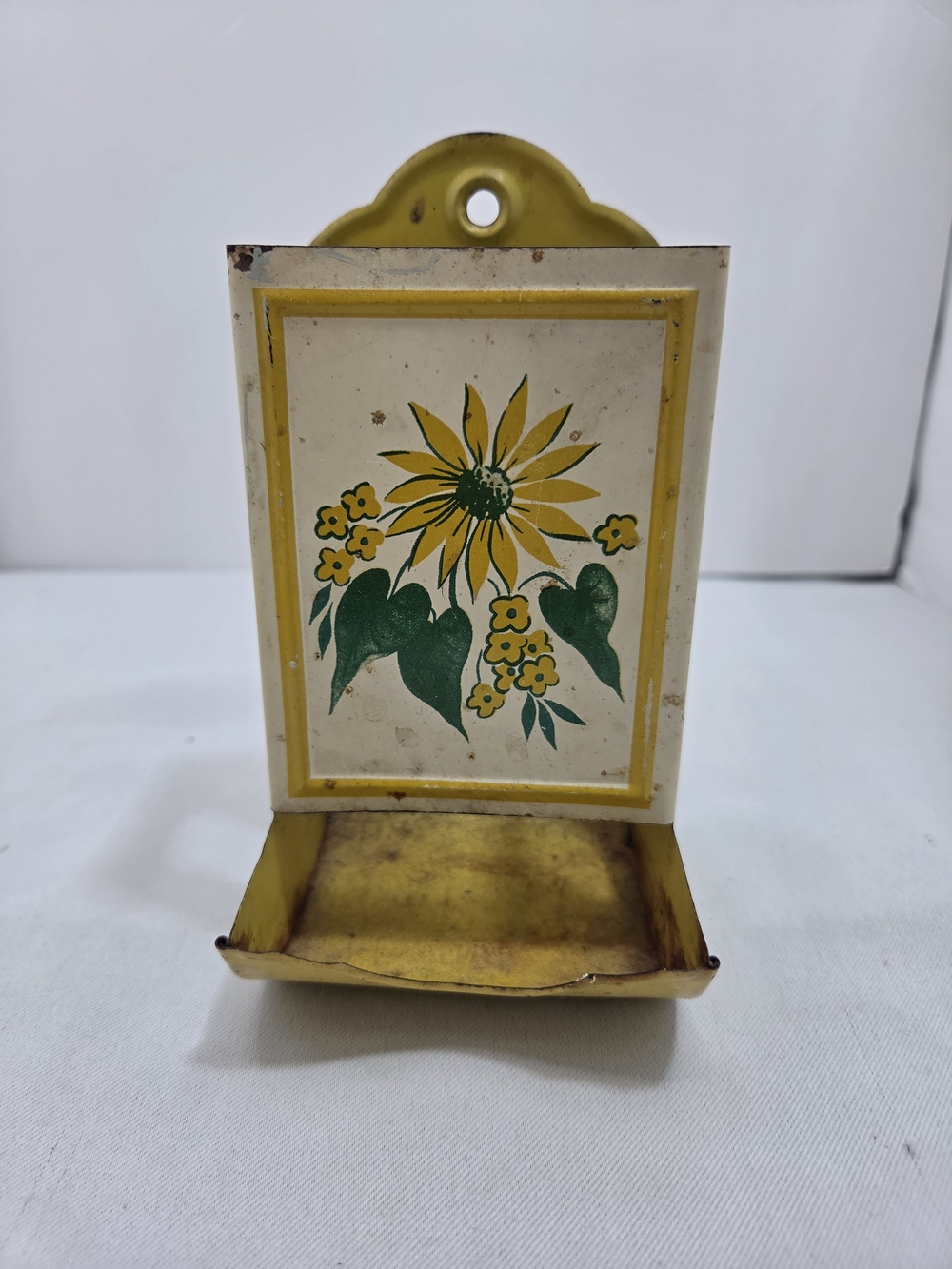 Vintage Metal Sunflower Match Safe Wall Holder Tin Yellow Floral Kitchen Decor